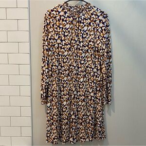 Blue Orange White Bold Print Ruched Mock Neck Jersey Stretch Dress